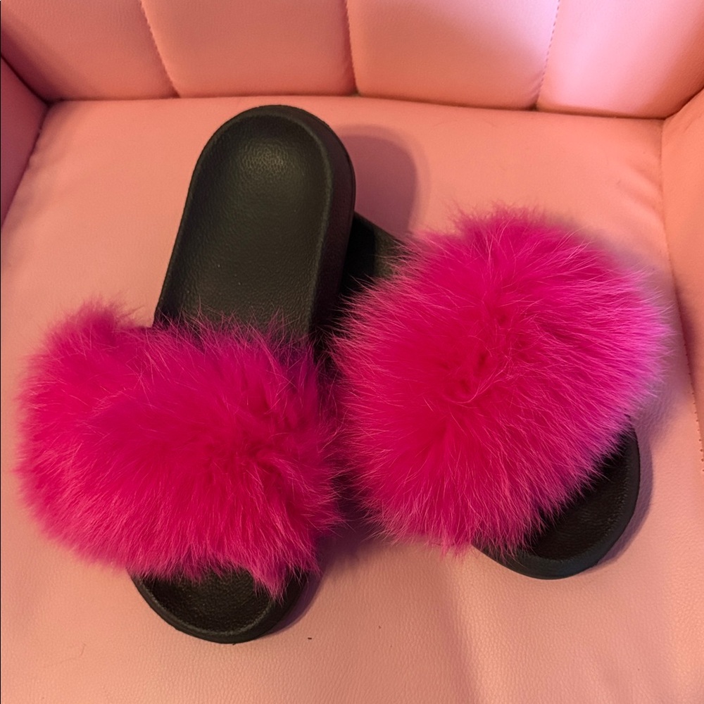 Hot Pink Faux Fur Slide Sandals - Picture 3 of 3